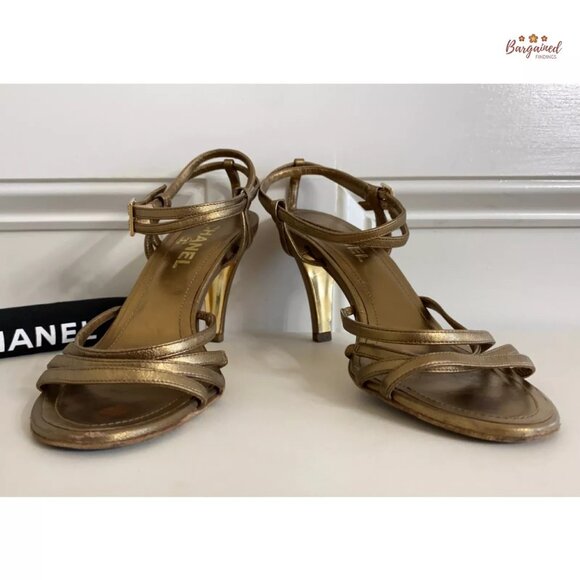 Authentic CHANEL Gold Metallic Leather CC Logo Ankle Strap High Heel Pumps 36.5 - Picture 9 of 13